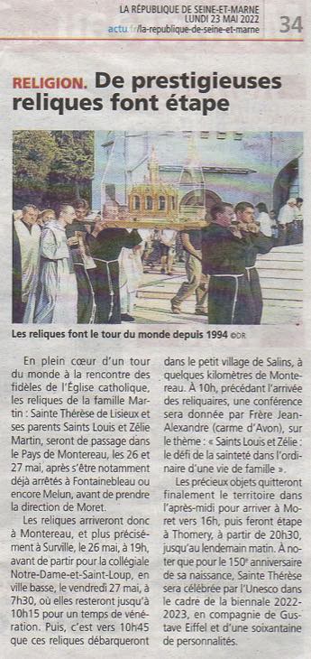 Le journal 'La République' daté du 23 mai 2022 au sujet des reliques à Montereau et Salins.